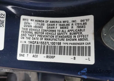 2007 Honda Civic Lx из США, поврежденный, VIN 1HGFA15537L100198